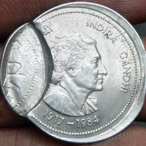 Top Broad Struck and Partial Brockage 50 Paisa Indira Gandi Calcutta Mint Cup-Nickel