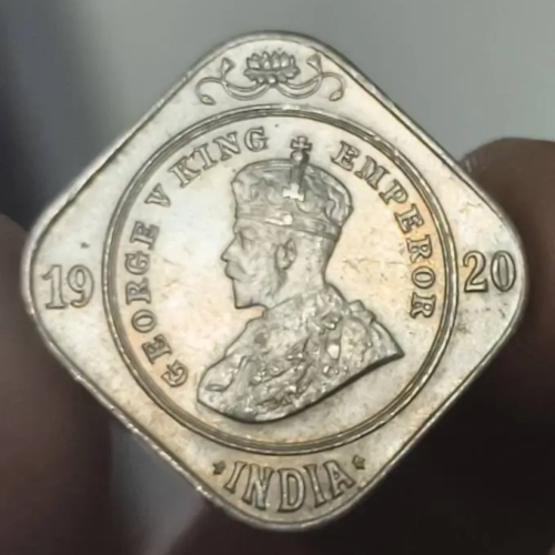 George V, Copper-Nickel, 2 Annas, 1920, Calcutta Mint, No dot. F British India Uncirculated Rare – Toned