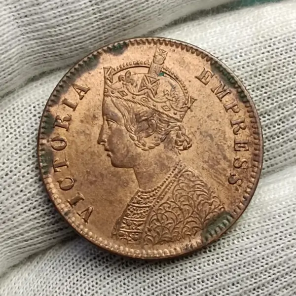 UNC 1894 Calcutta Mint Quarter Anna with Luster British India Copper Coin #2-1