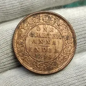 UNC 1894 Calcutta Mint Quarter Anna with Luster British India Copper Coin #2