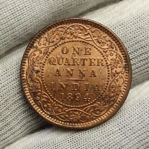 UNC 1894 Calcutta Mint Quarter Anna with Luster British India Copper Coin #6