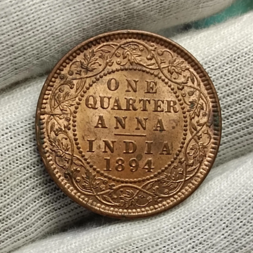 UNC 1894 Calcutta Mint Quarter Anna with Luster British India Copper Coin #7