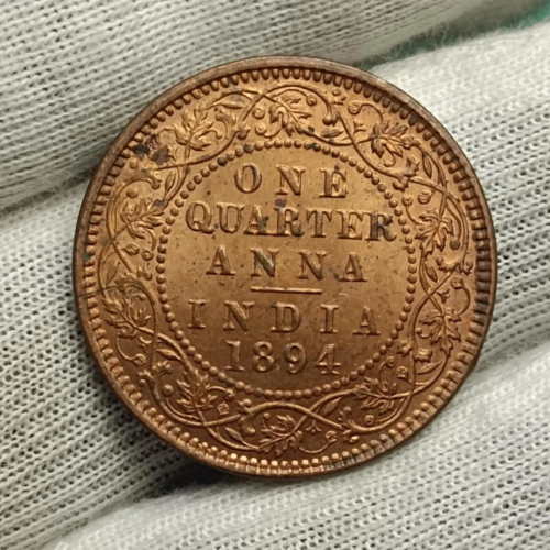 UNC 1894 Calcutta Mint Quarter Anna with Luster British India Copper Coin #8