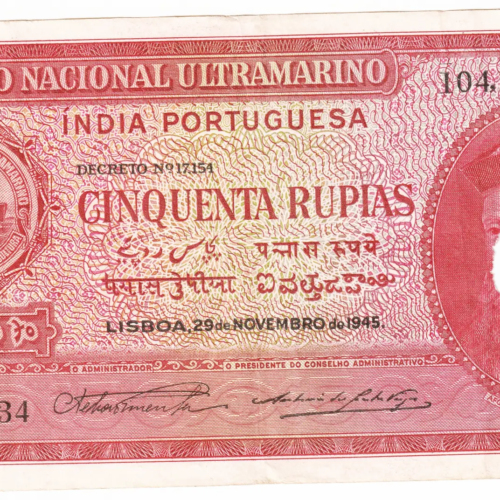 India Portuguesa Cinquenta Rupias – 50 Rupees Dated 29 November 1945 Very Fine Grade – Cancelled Note