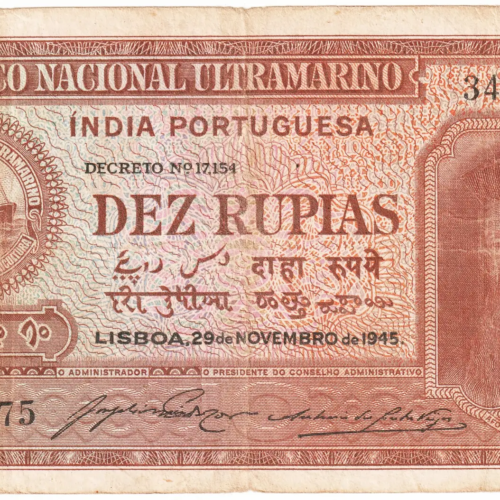 India Portuguesa Dez Rupias – 10 Rupees Dated 29 November 1945 Fine Grade – Cancelled Note