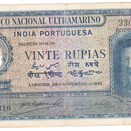 India Portuguesa Venti Rupias – 20 Rupees Dated 29 November 1945 – Fine Grade – Cancelled Note