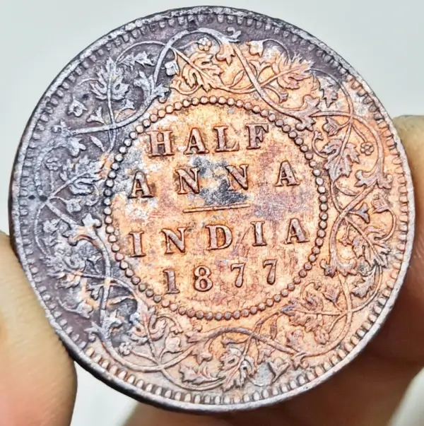 1877 Half Anna Excellent Grade Calcutta Mint Victoria Empress British India Uncleaned 1