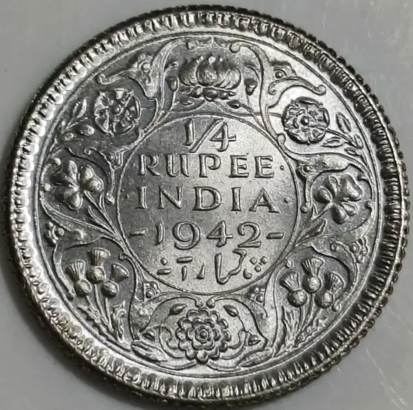 BUNC British India 1942 Quarter Rupees George VI Half Silver Reverse